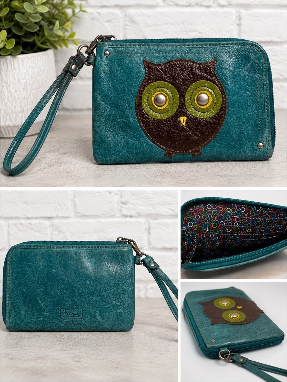 Fossil Genuine Leather Owl Wristlet Wallet Teal Zip Around Clutch